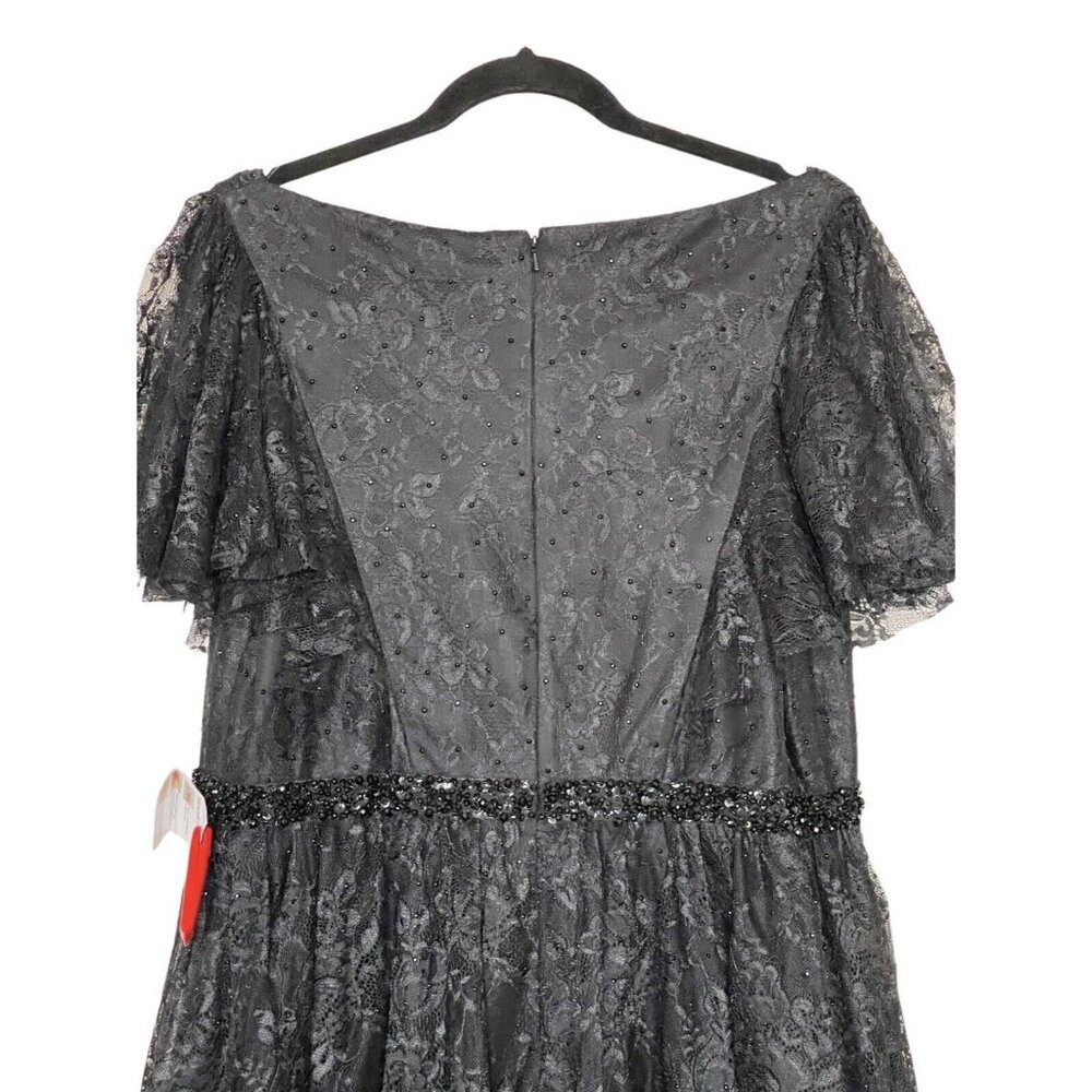 Mac Duggal Lace V-Neck Beaded Tea Length‎ Midi Cocktail Dress Black Size 14W - Picture 10 of 15